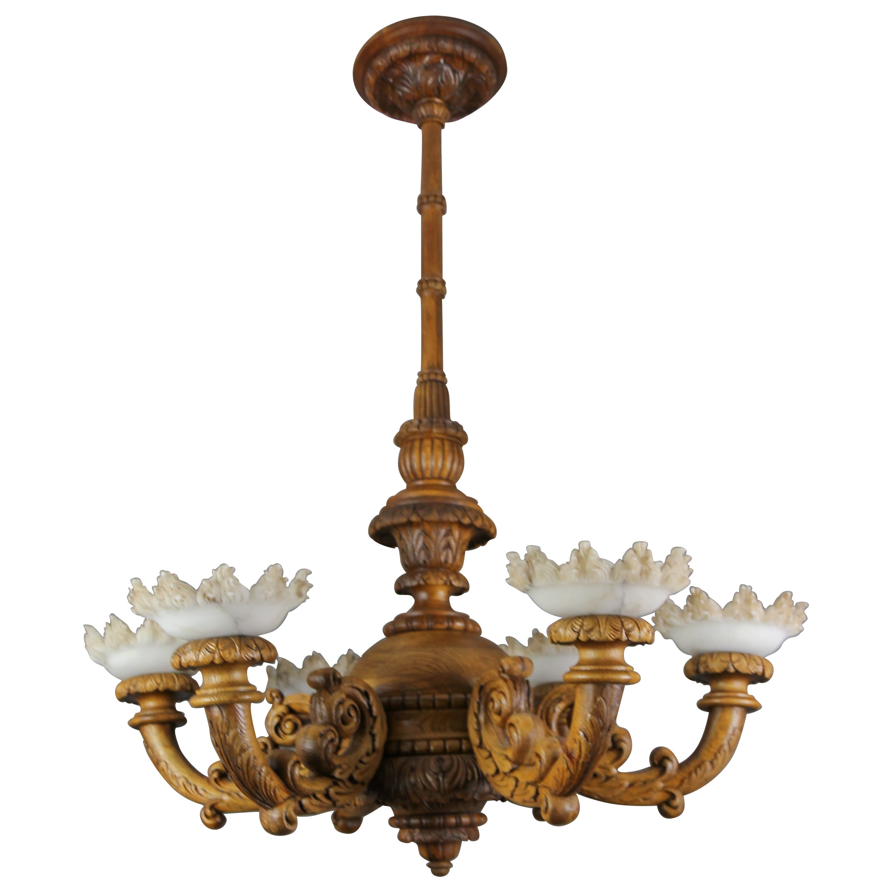Large Neoclassical Style Carved Oakwood and Alabaster Chandelier, 1920s For Sale