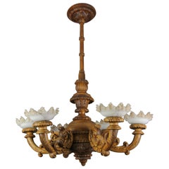 Antique Large Neoclassical Style Carved Oakwood and Alabaster Chandelier, 1920s