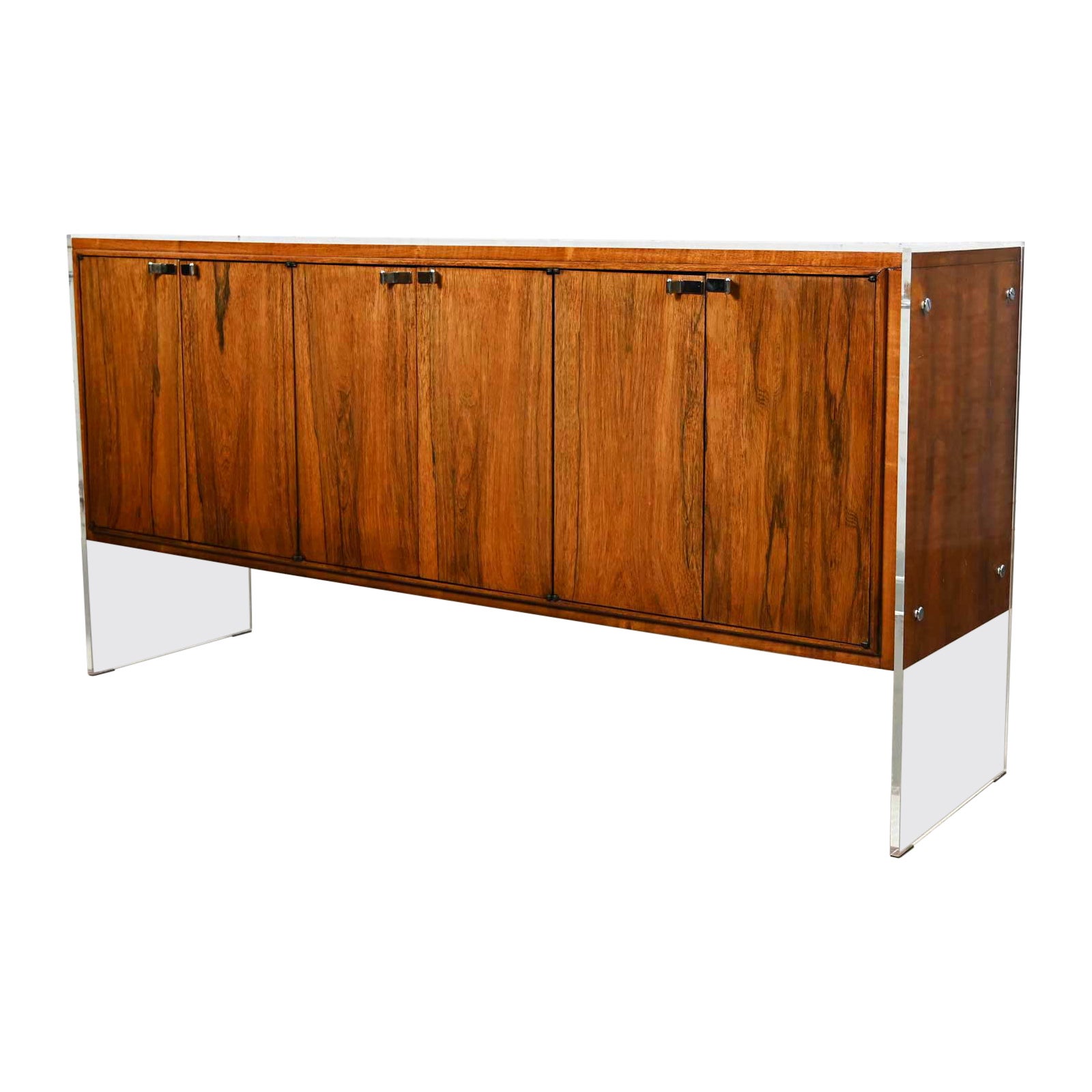 Vintage MCM to Modern Rosewood Buffet Credenza Lucite Legs Attr Bernhardt Flair For Sale