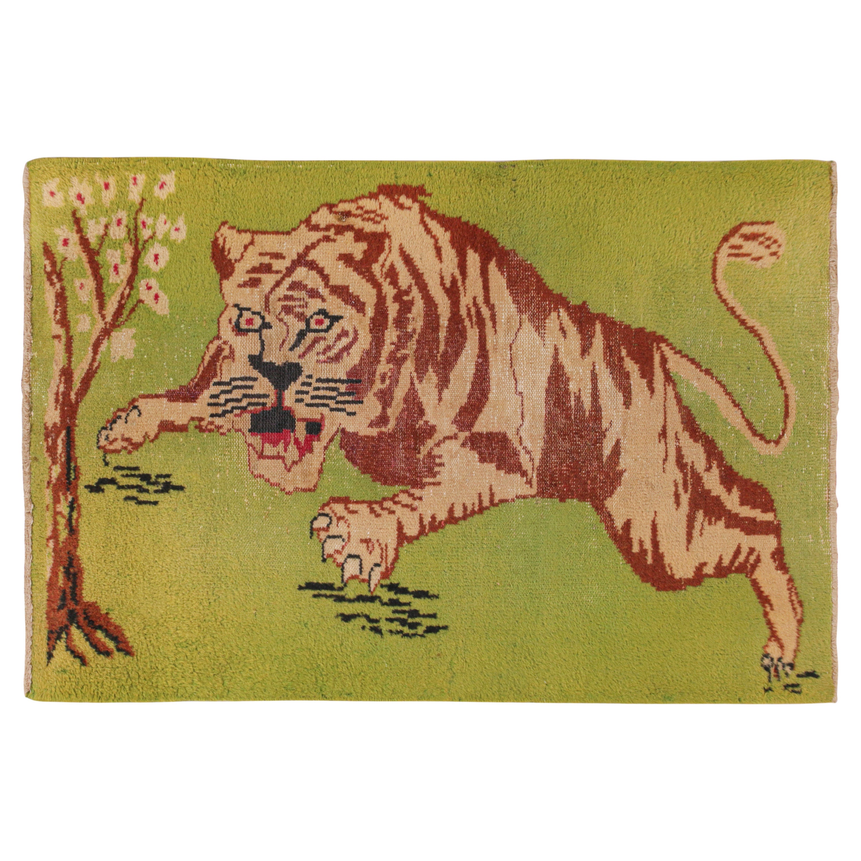 Vintage Zeki Müren Rug in Green with Beige-Brown Tiger Pictorial by Rug & Kilim For Sale