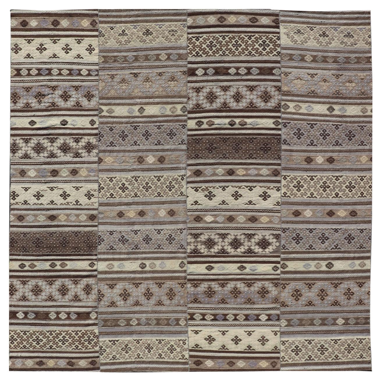 Large Vintage Flat-Woven Turkish Paneled Kilim Rug in Wool with Stripe Design For Sale
