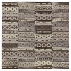 Large Retro Flat-Woven Turkish Paneled Kilim Rug in Wool with Stripe Design