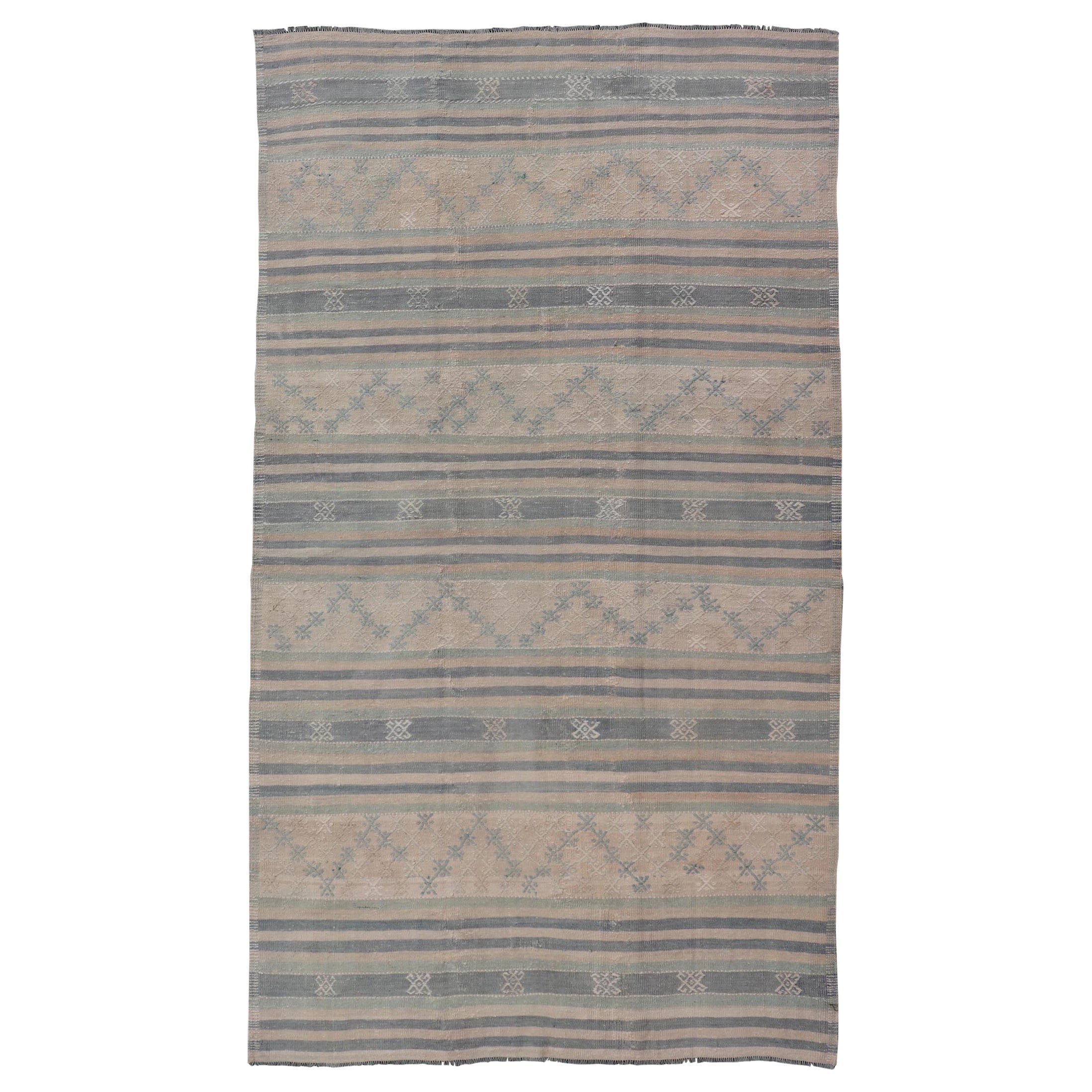 Vintage Turkish Flat-Weave Kilim with Embroideries in Blue, Brown, and Cream