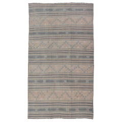Vintage Turkish Flat-Weave Kilim with Embroideries in Blue, Brown, and Cream