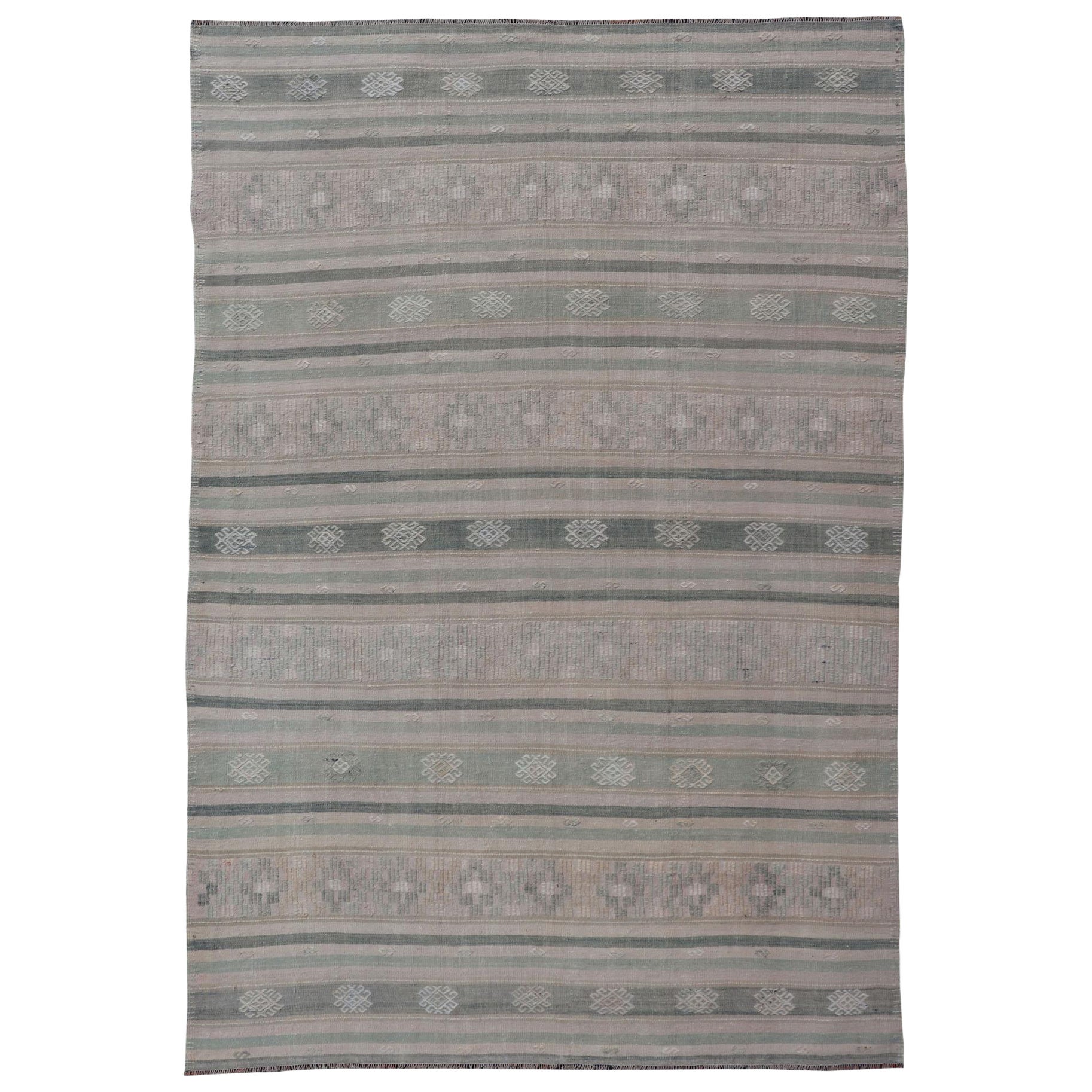 Flat-Weave Hand Woven Kilim with Embroideries in Taupe, Tan, Blue and Gray