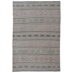 Vintage Flat-Weave Hand Woven Kilim with Embroideries in Taupe, Tan, Blue and Gray