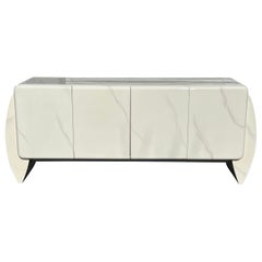 Vintage White Faux Marble Lacquer Credenza Attributed to Karl Springer Style