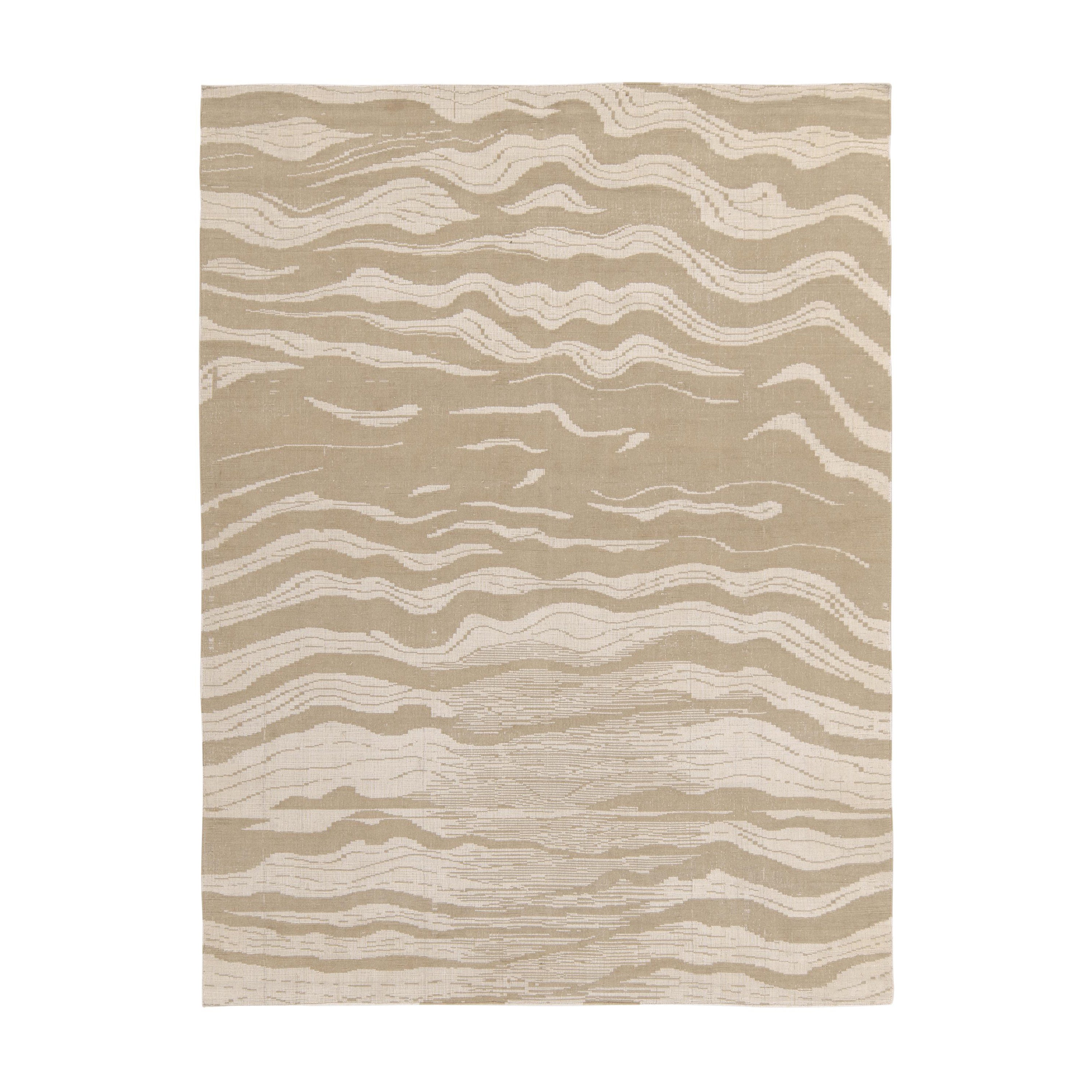 Rug & Kilim's Hand-Knotted Abstract Rug in Beige-Brown Wavy Stripes For Sale