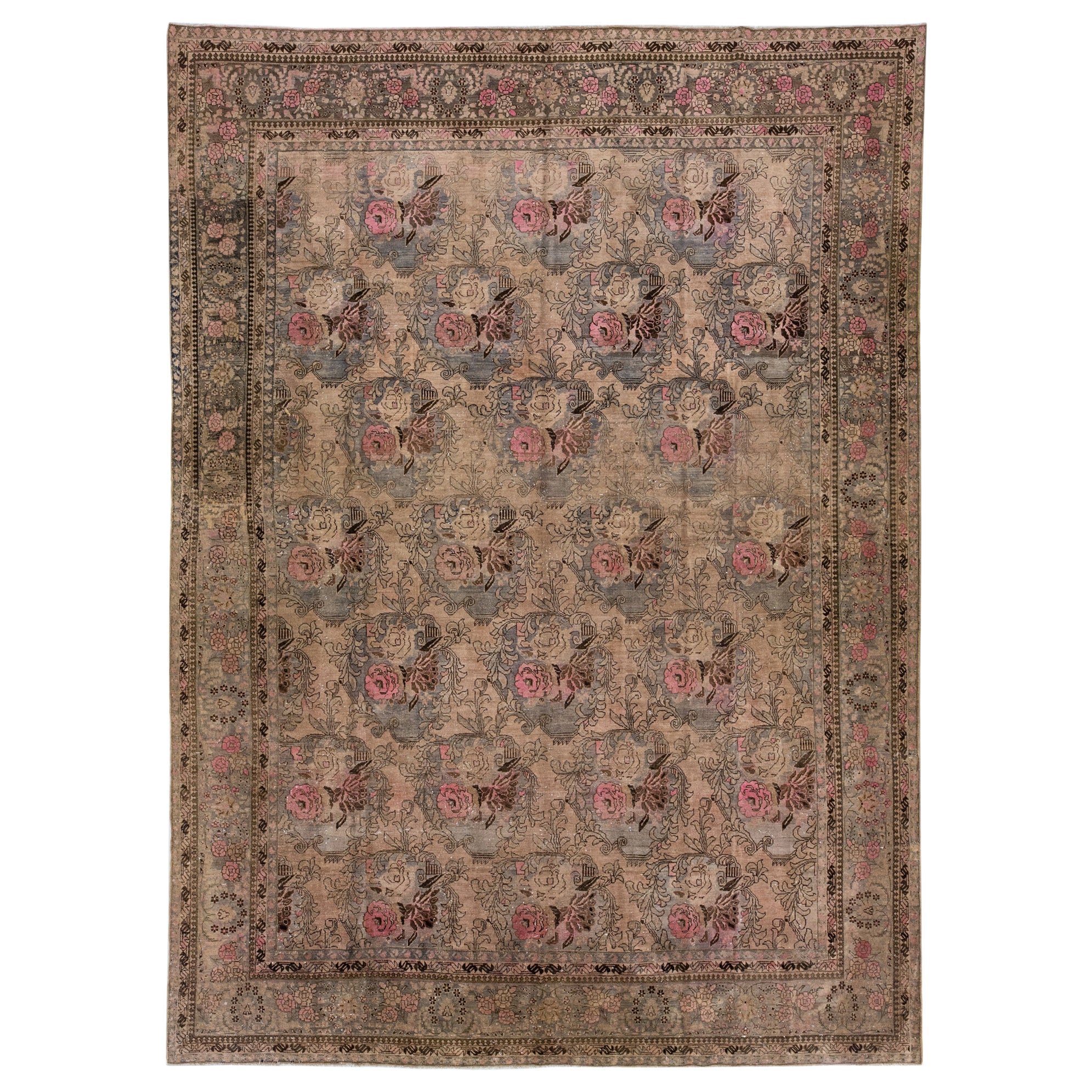 Antique Bidjar Handmade Allover Floral Pattern Wool Rug in Brown For Sale