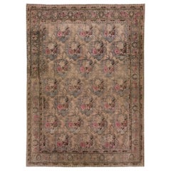 Antique Bidjar Handmade Allover Floral Pattern Wool Rug in Brown