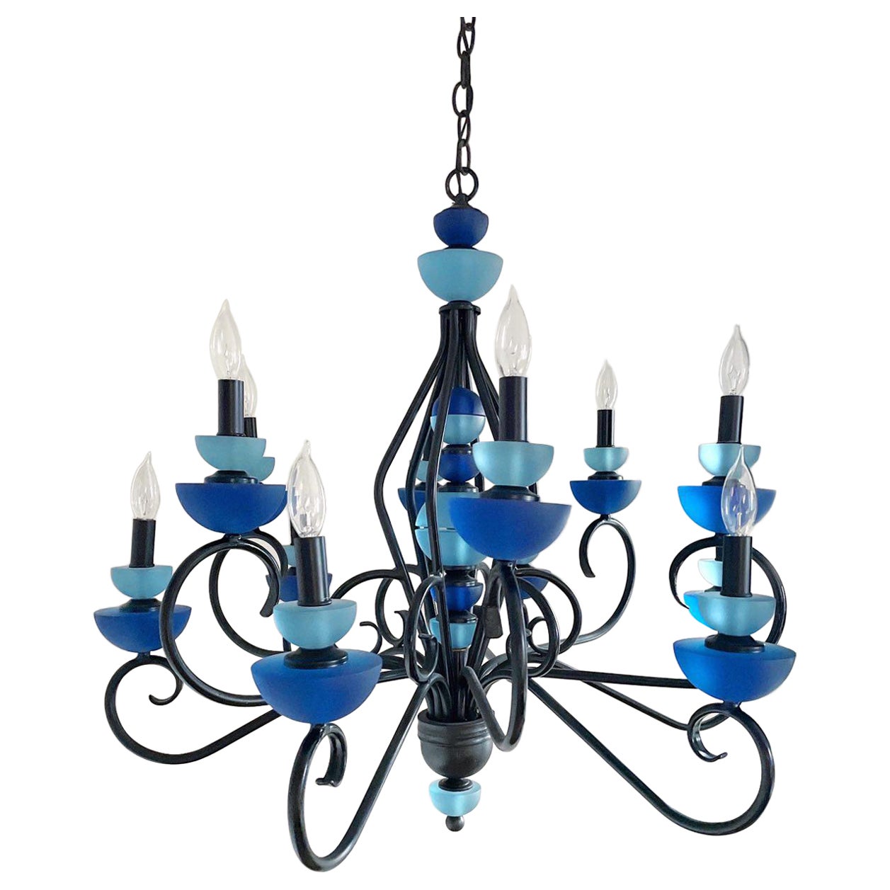 Hivo Van Teal Wrought Iron and Blue Lucite Chandelier For Sale