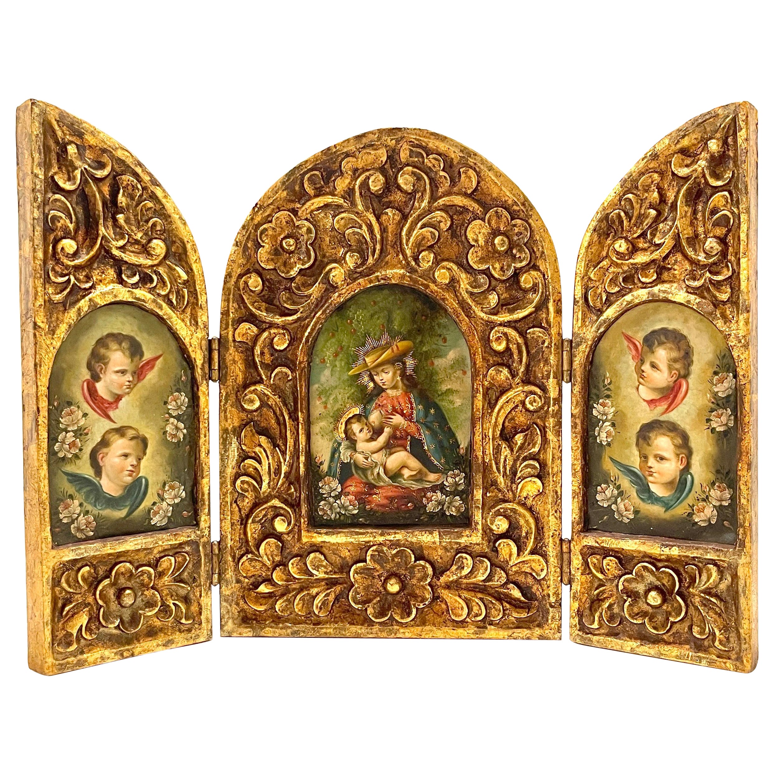 19. Jh. Spanische Kolonialzeit, geschnitztes Giltwood-Triptychon der Jungfrau Maria & des Christuskindes im Angebot