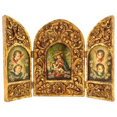 19th C. Spanish Colonial Carved Giltwood Triptych of Virgin Mary & Christ Child