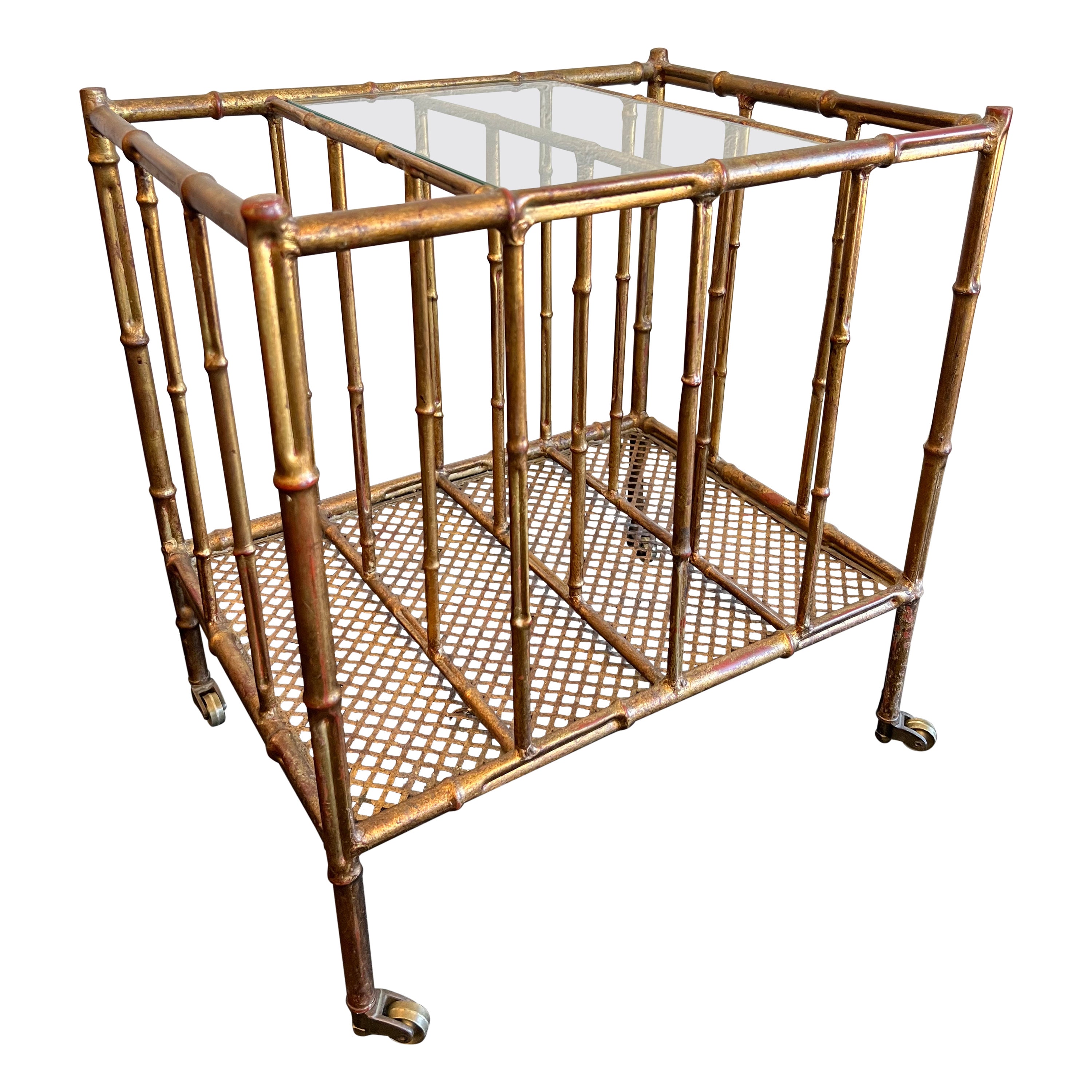 Italian Gold Gilded Faux Bamboo Magazine Rack Table For Sale