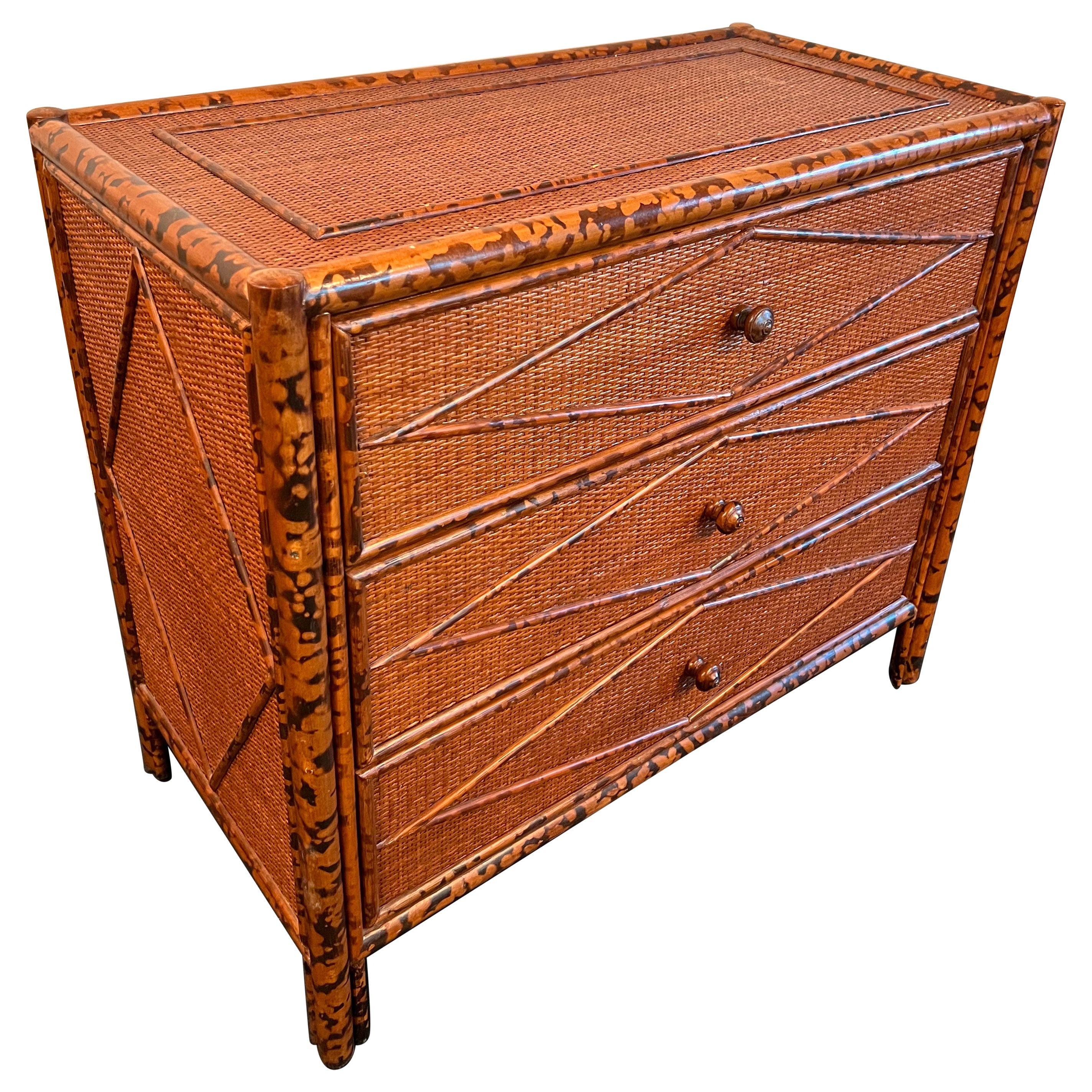 Colonial Style Burnt Bamboo and Cane Chest of Drawers