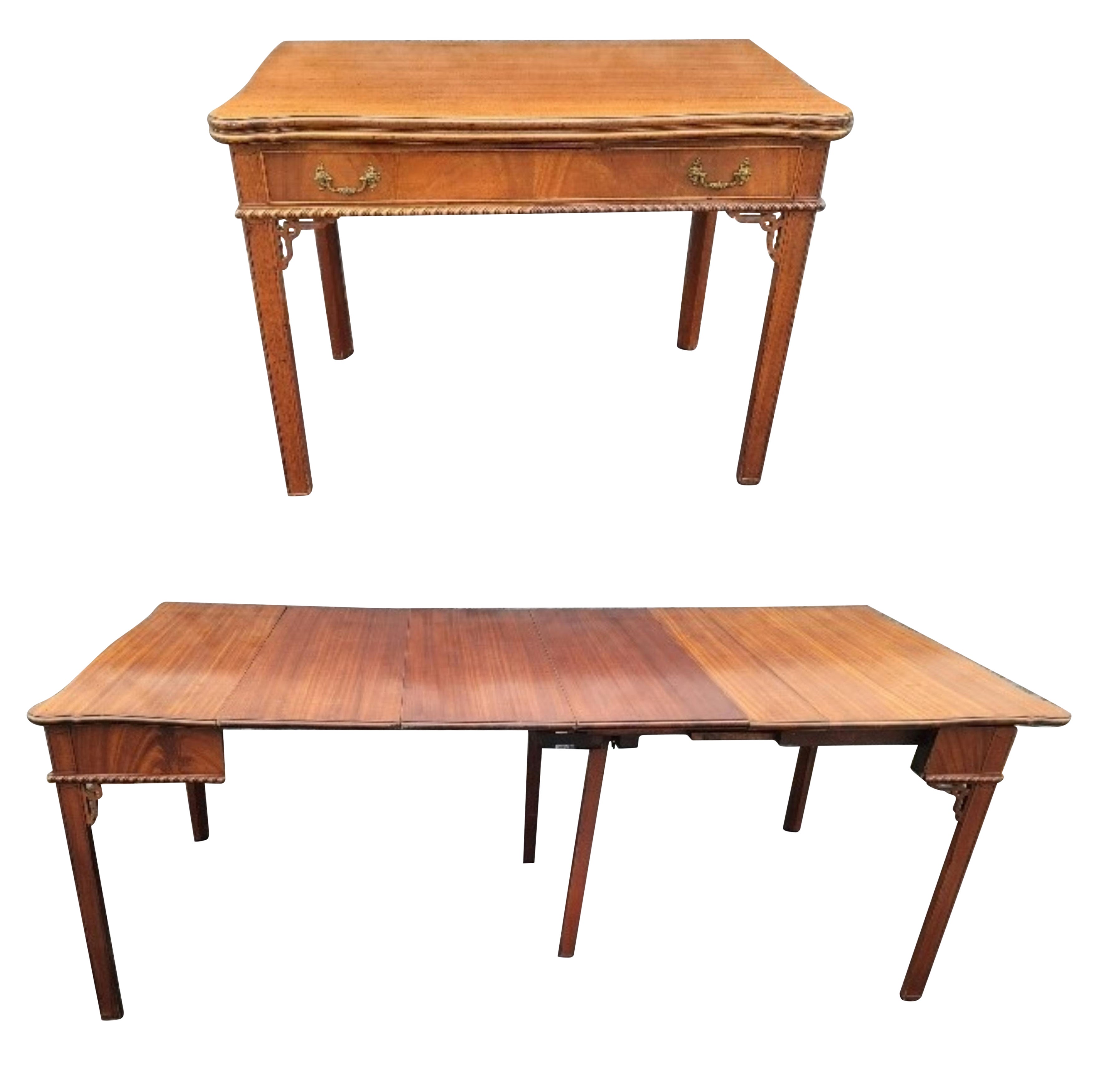 1960s George III Style Mahogany Extension Console Table Dining Table w/ 3 Leaves For Sale