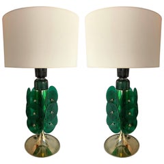 Contemporary Pair of Brass Murano Glass Disc Green Lamps, Italy
