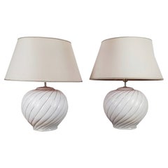 Vintage Set of 2 Table Lamps by Tommaso Barbi Made in White and Gold Glazed Ceramic