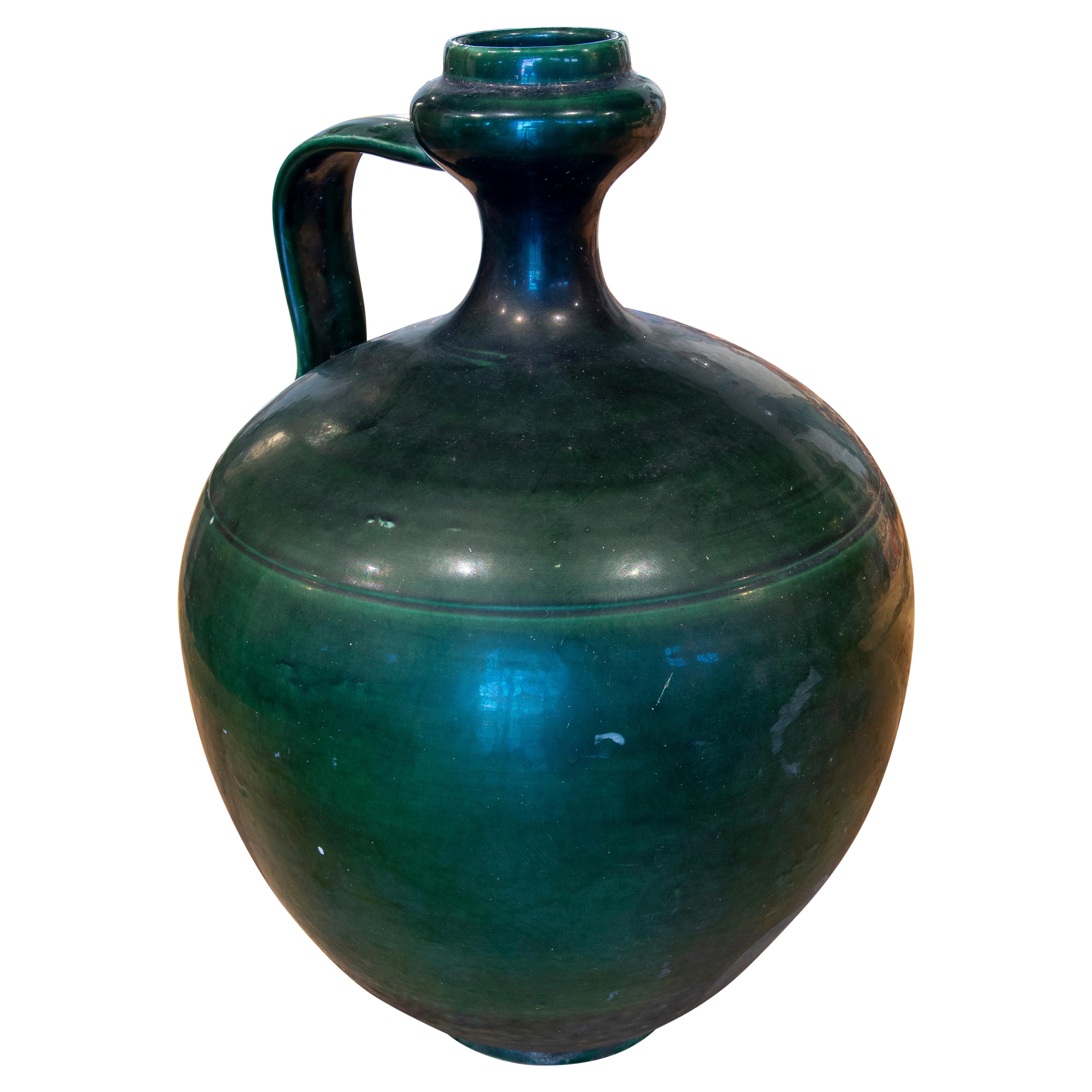 1940s Spanish "Perula" Green Glazed Terracotta Vase from Jaen For Sale