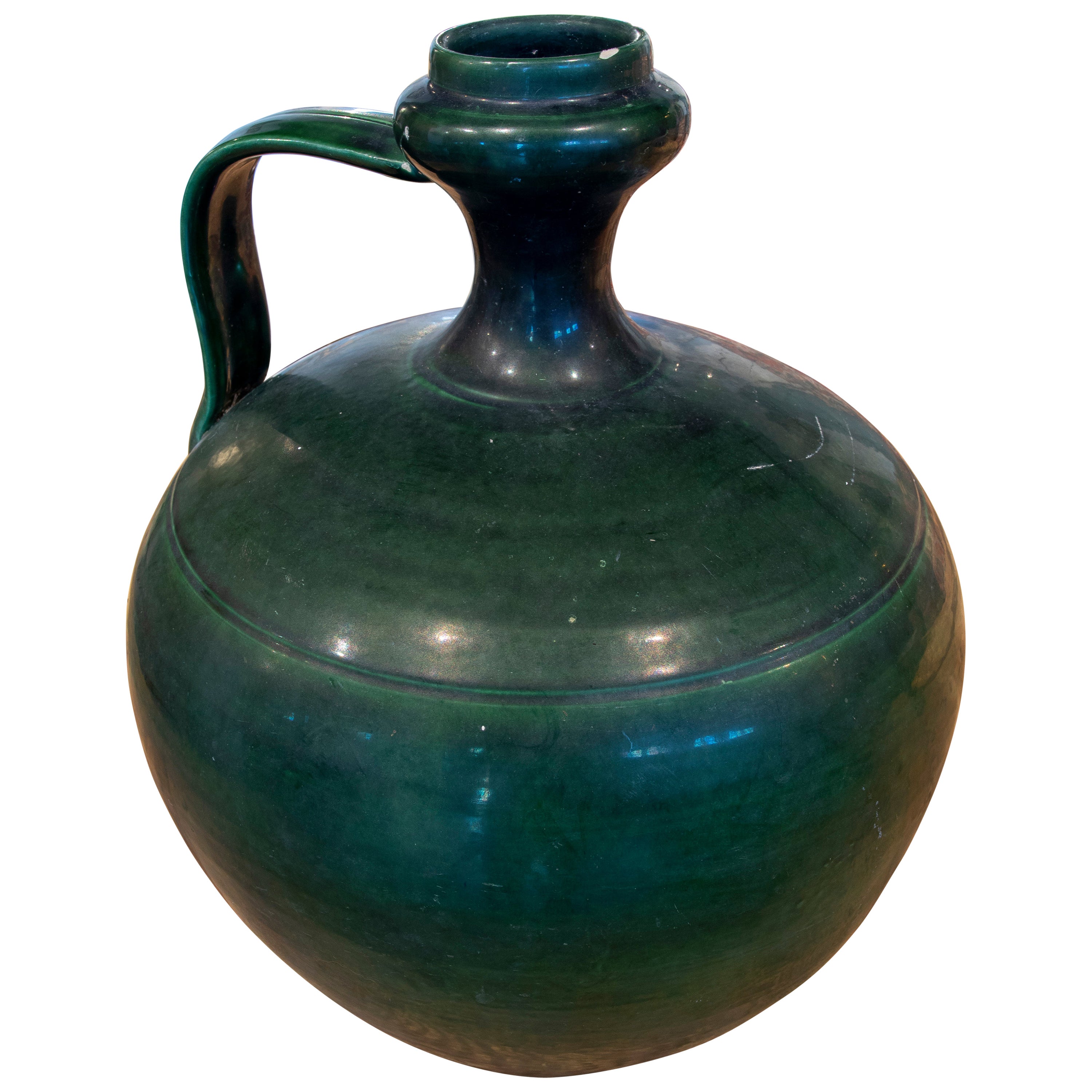 1940s Spanish "Perula" Green Glazed Terracotta Vase from Jaen For Sale