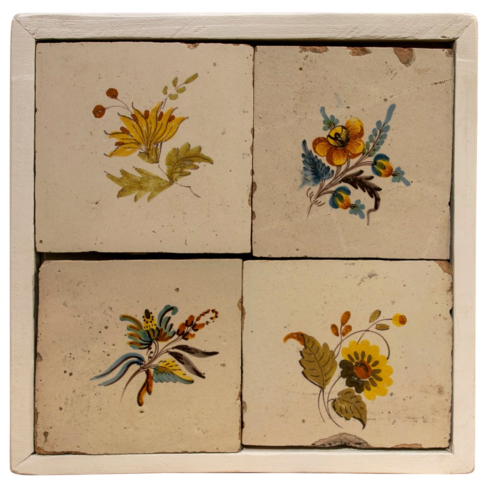 19th Century, Spanish Set of Four Hand-Painted Framed Tiles For Sale