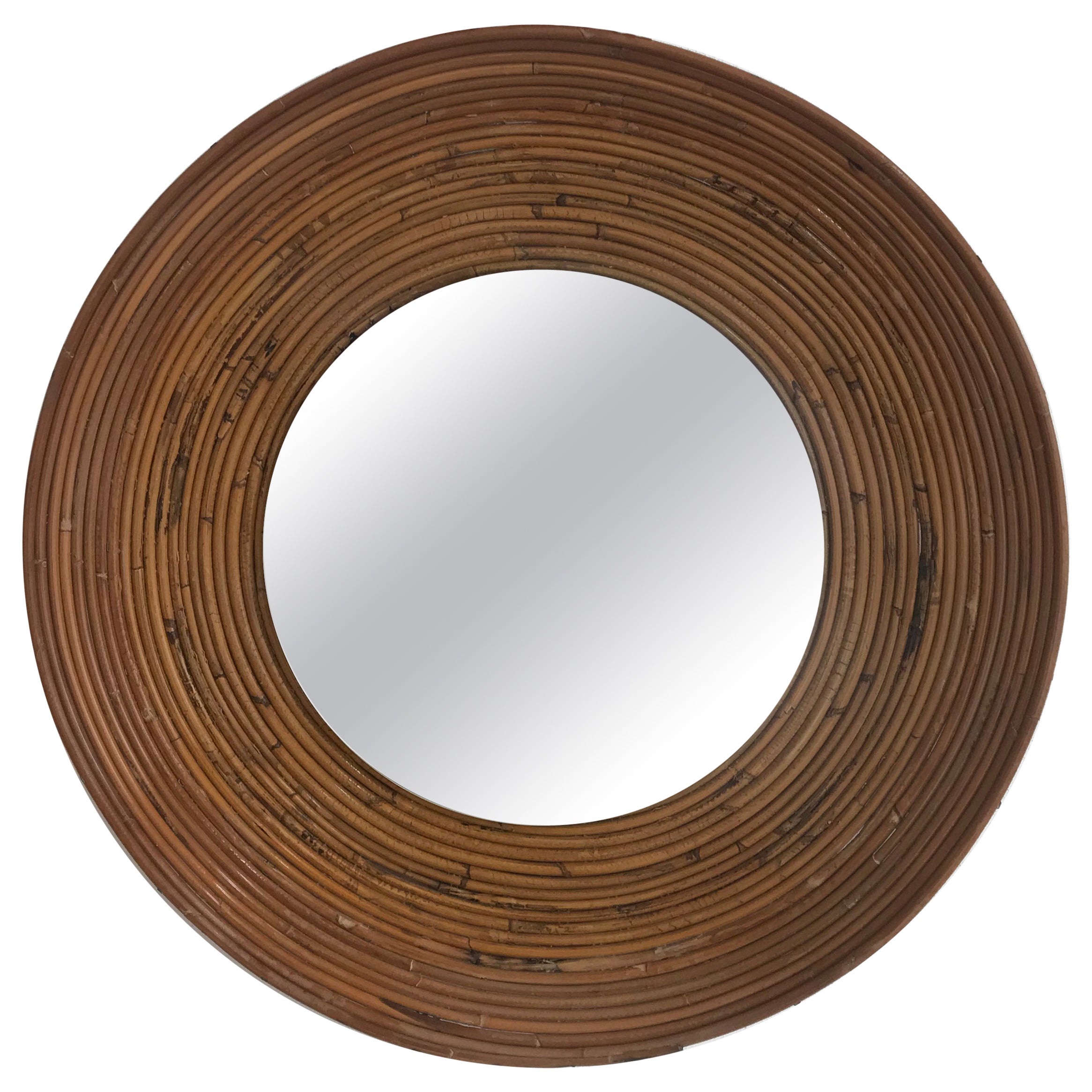Italian Mid-Century Round Rattan Bamboo Wall Mirror, 1960s For Sale