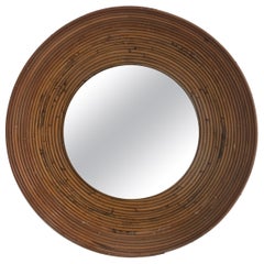 Italian Mid-Century Round Rattan Bamboo Wall Mirror, 1960s