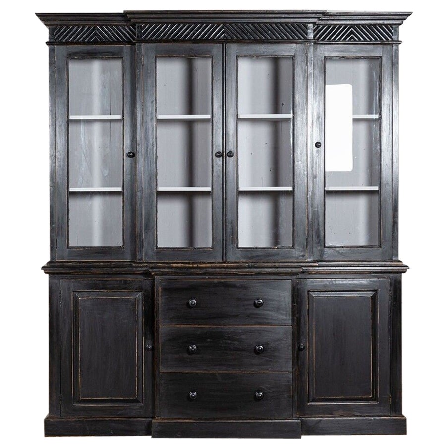 Large English Ebonised Glazed Pine Breakfront Bookcase For Sale