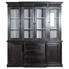 Large English Ebonised Glazed Pine Breakfront Bookcase