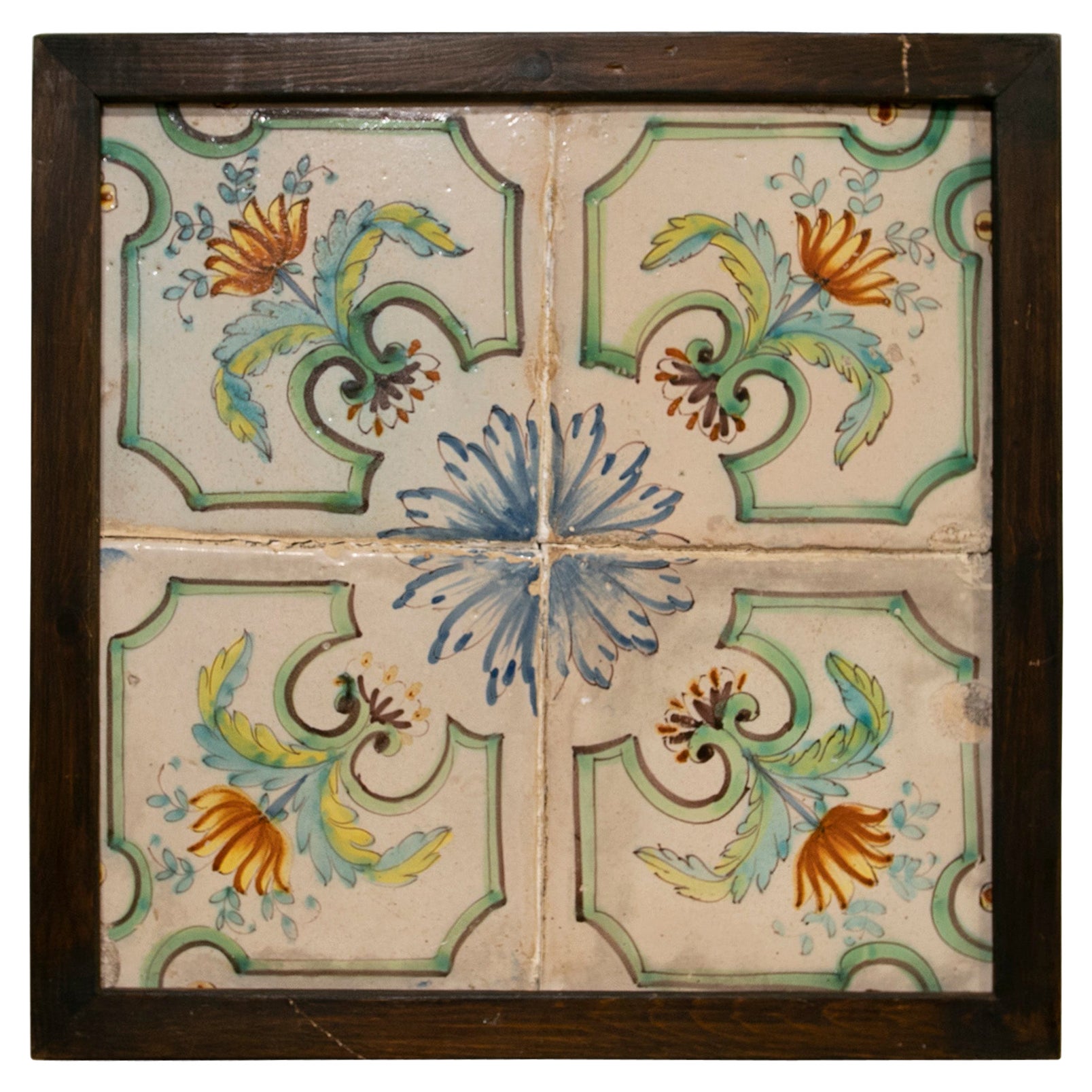 19th Century Spanish Set of Four Hand-Painted Framed Tiles For Sale