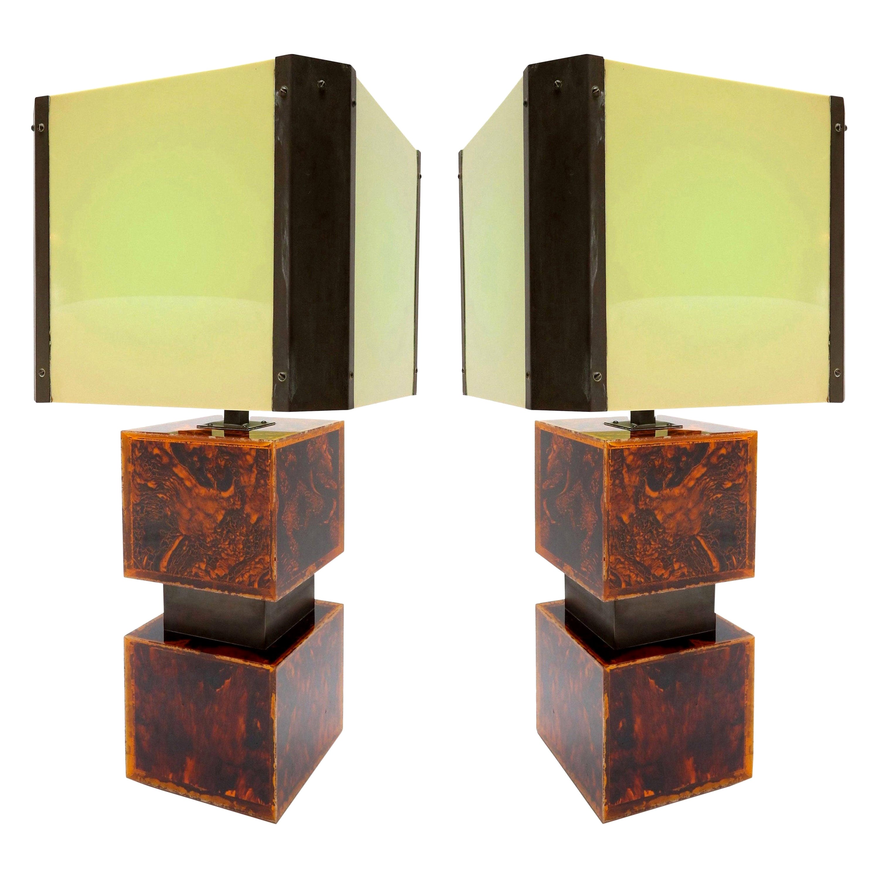 Pair of French Tortoise Shell Pattern Acrylic Table Lamps, 1970s