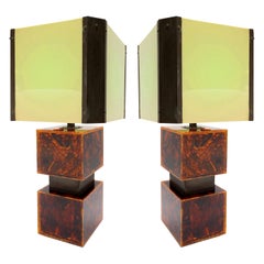 Vintage Pair of French Tortoise Shell Pattern Acrylic Table Lamps, 1970s