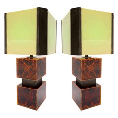 Pair of French Tortoise Shell Pattern Acrylic Table Lamps, 1970s
