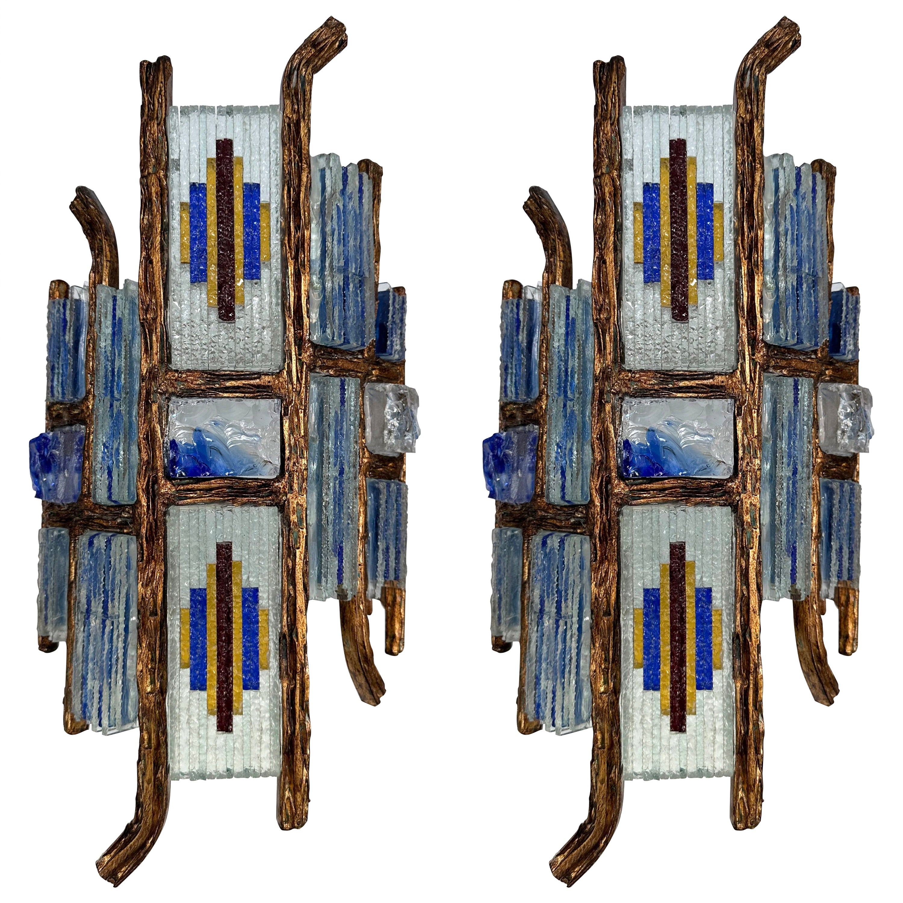 Pair of Hammered Glass Wrought Iron Sconces by Longobard, Italy, 1970s For Sale
