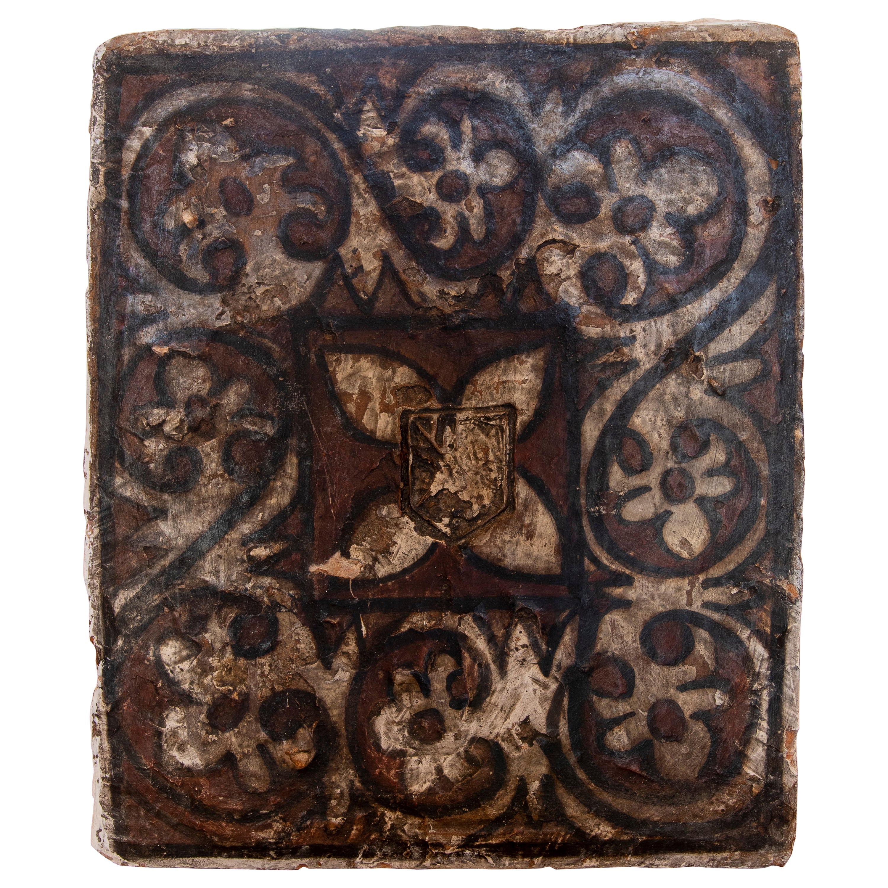 19th Century, Spanish Terracotta Tile "Socarrat" of Fleur-de-lis For Sale
