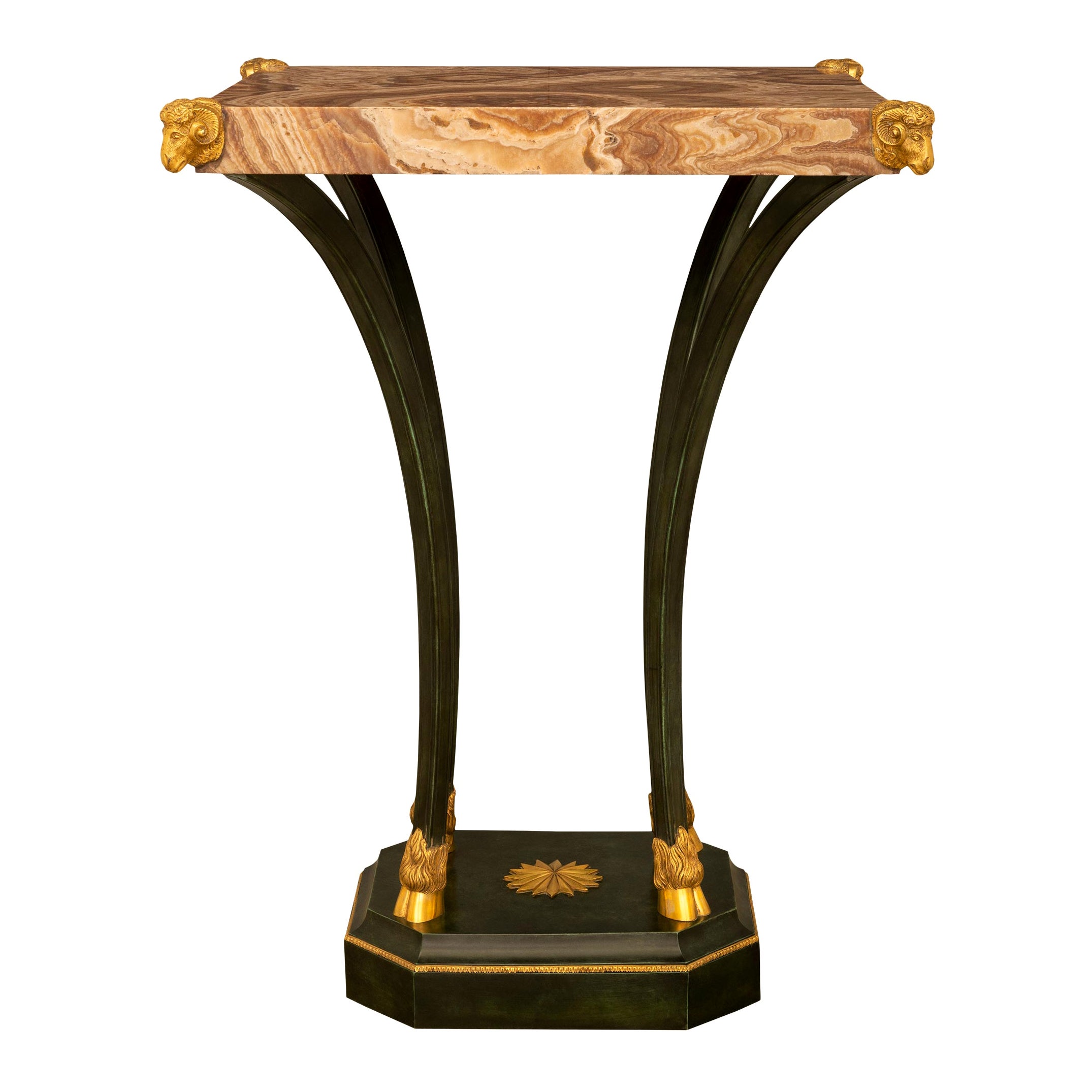 Table d'appoint néoclassique italienne du 19ème siècle en bronze, bronze doré et marbre