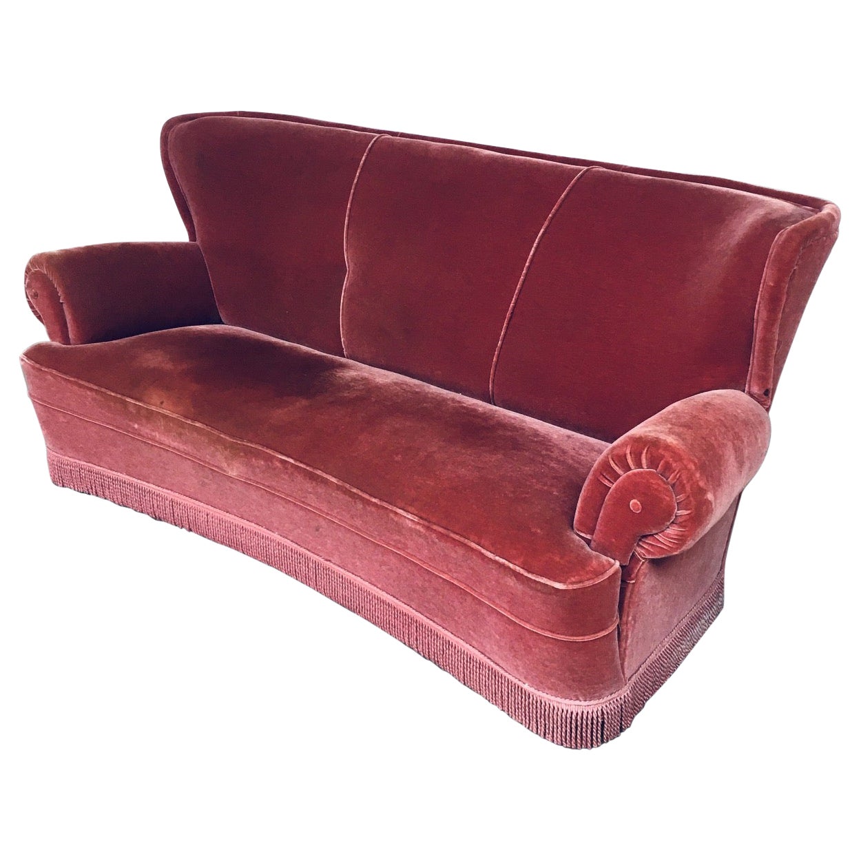 Art Deco Pink Velvet 3 Seat Sofa W Fringe, Italy, 1930's