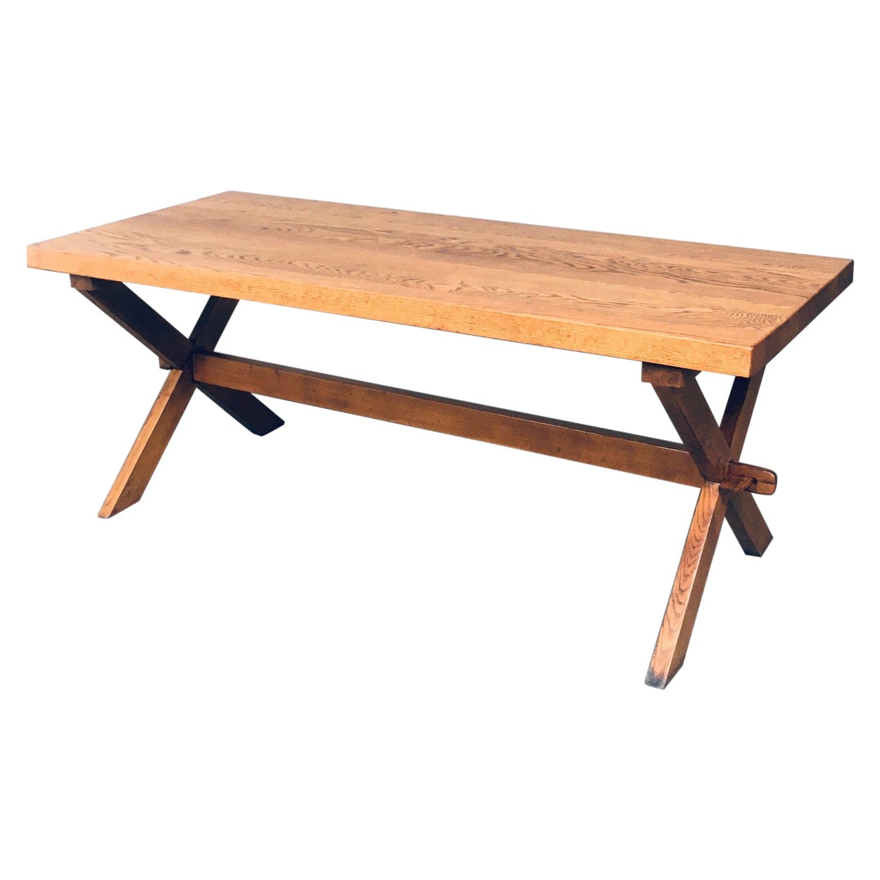 Rustic Handcrafted X Frame Heavy Oak Dining Table, France 1940's For Sale