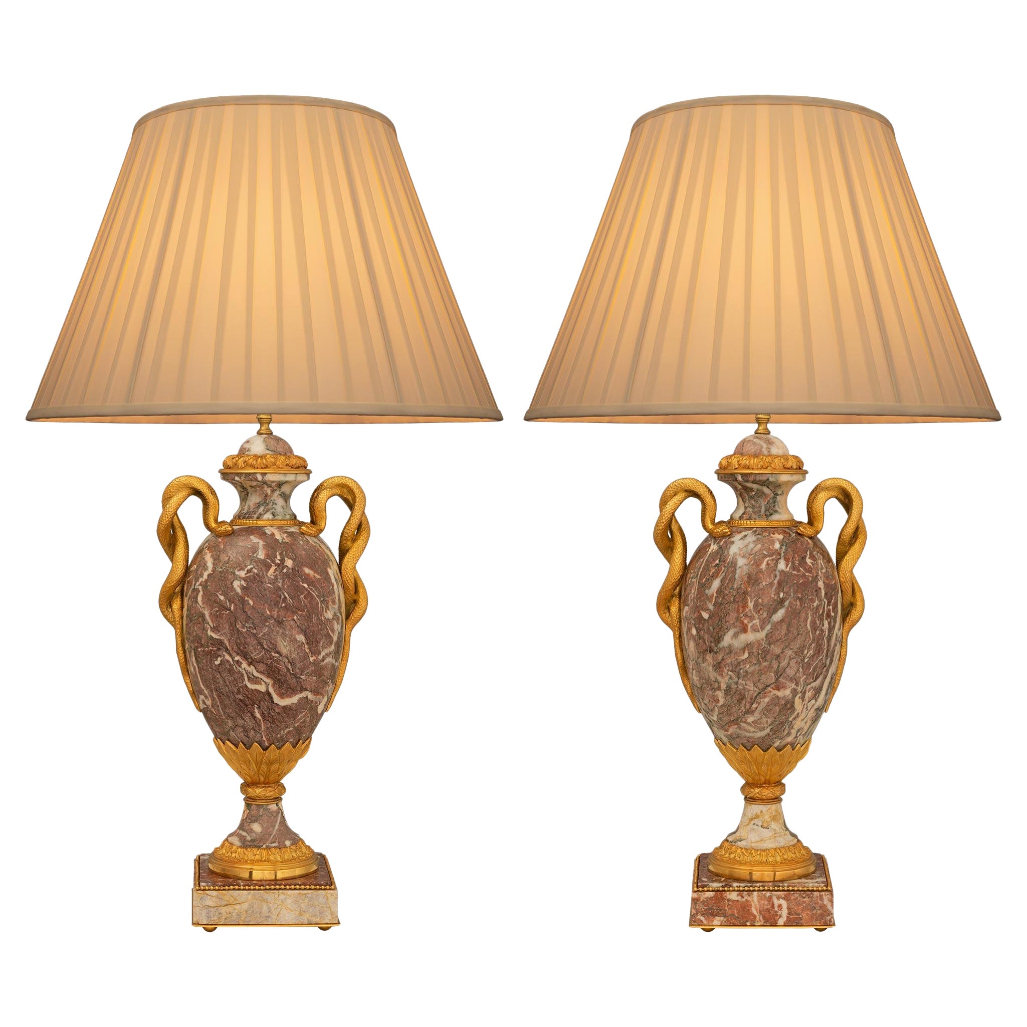 Pair of French 19th Century Louis XVI St. Marble And Ormolu Lamps For Sale