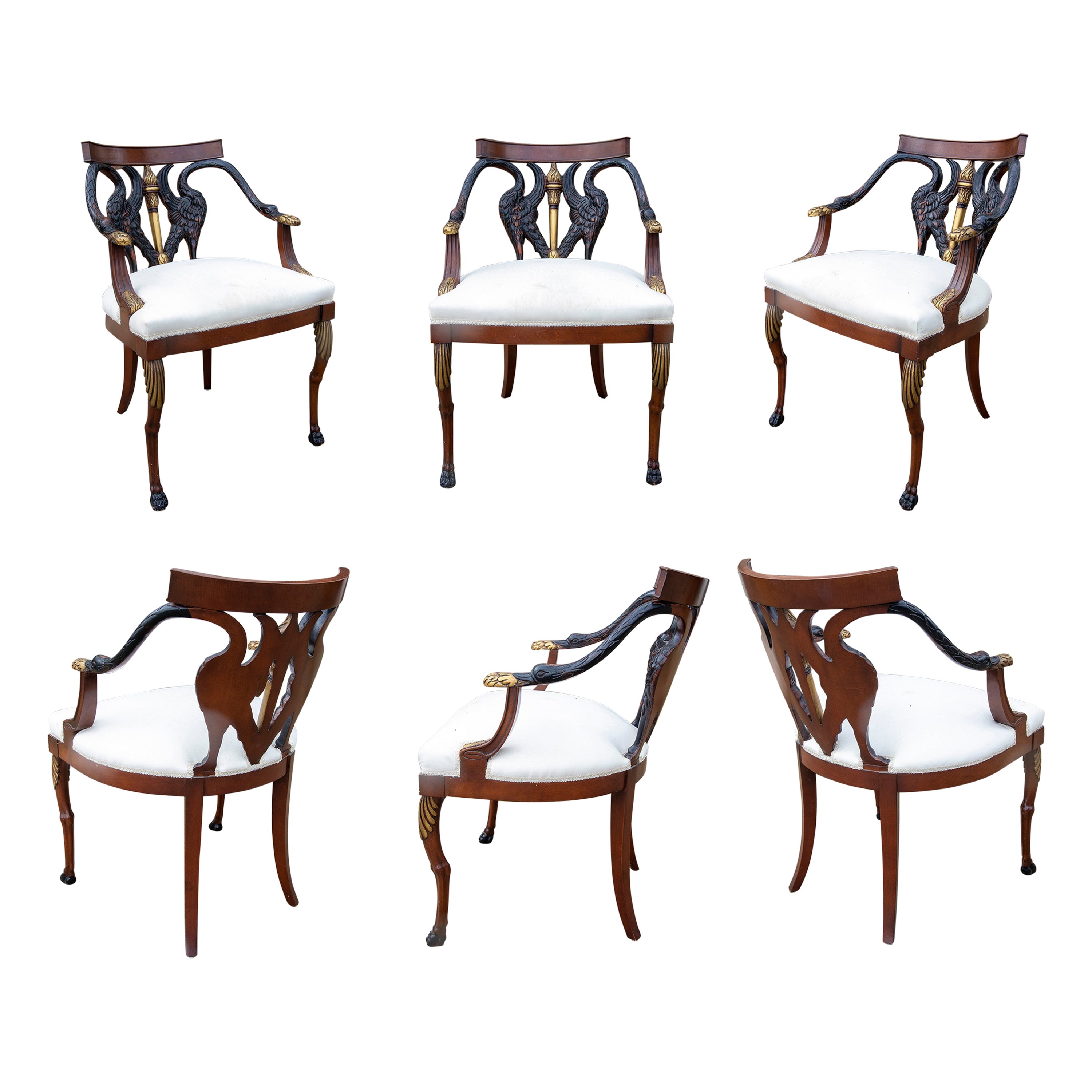 Set of Six Empire Style Mahogany Armchairs with Duck Back and Armrests For Sale
