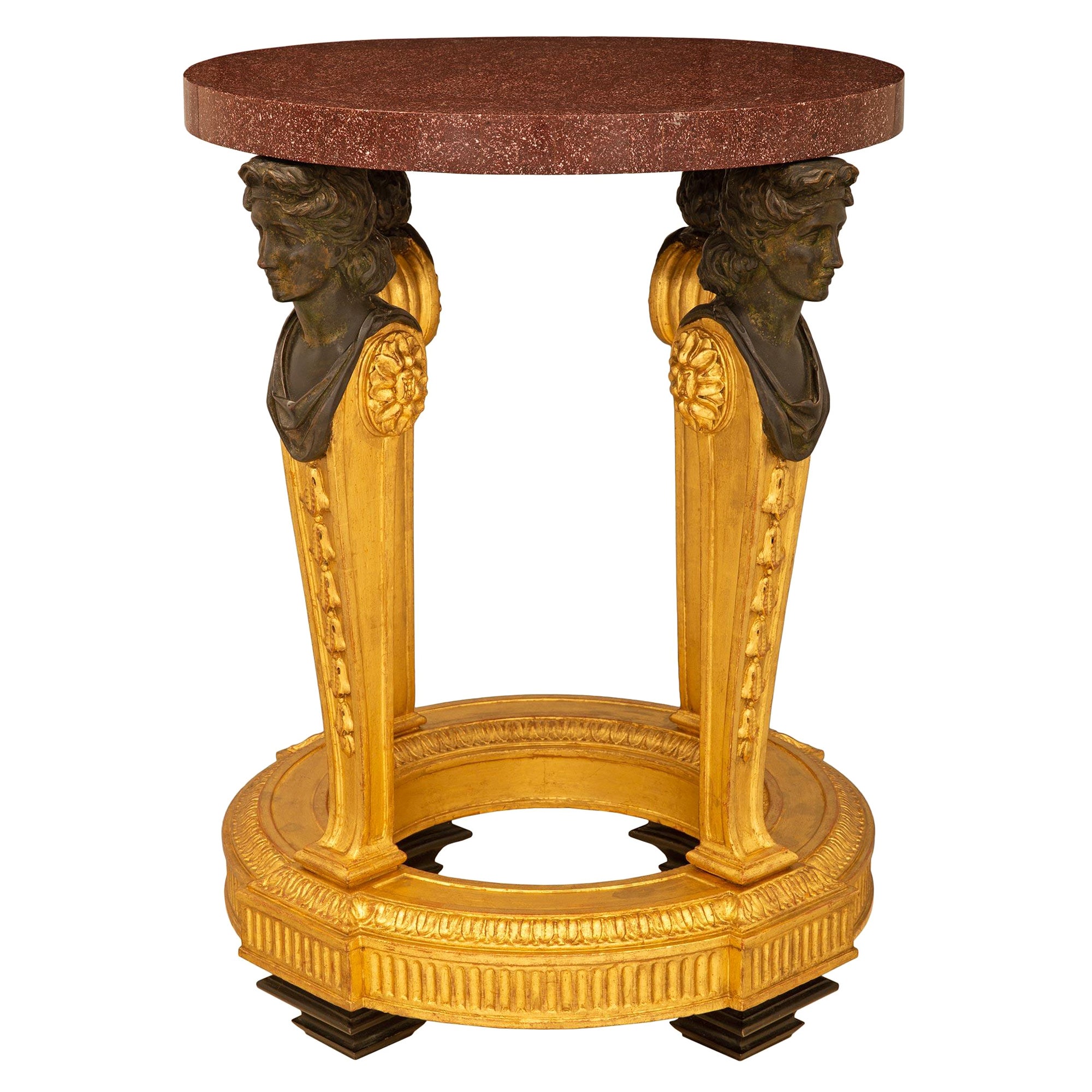 Italian Early 19th Century 1st Empire Period Bronze, Giltwood, & Porphyry Table For Sale