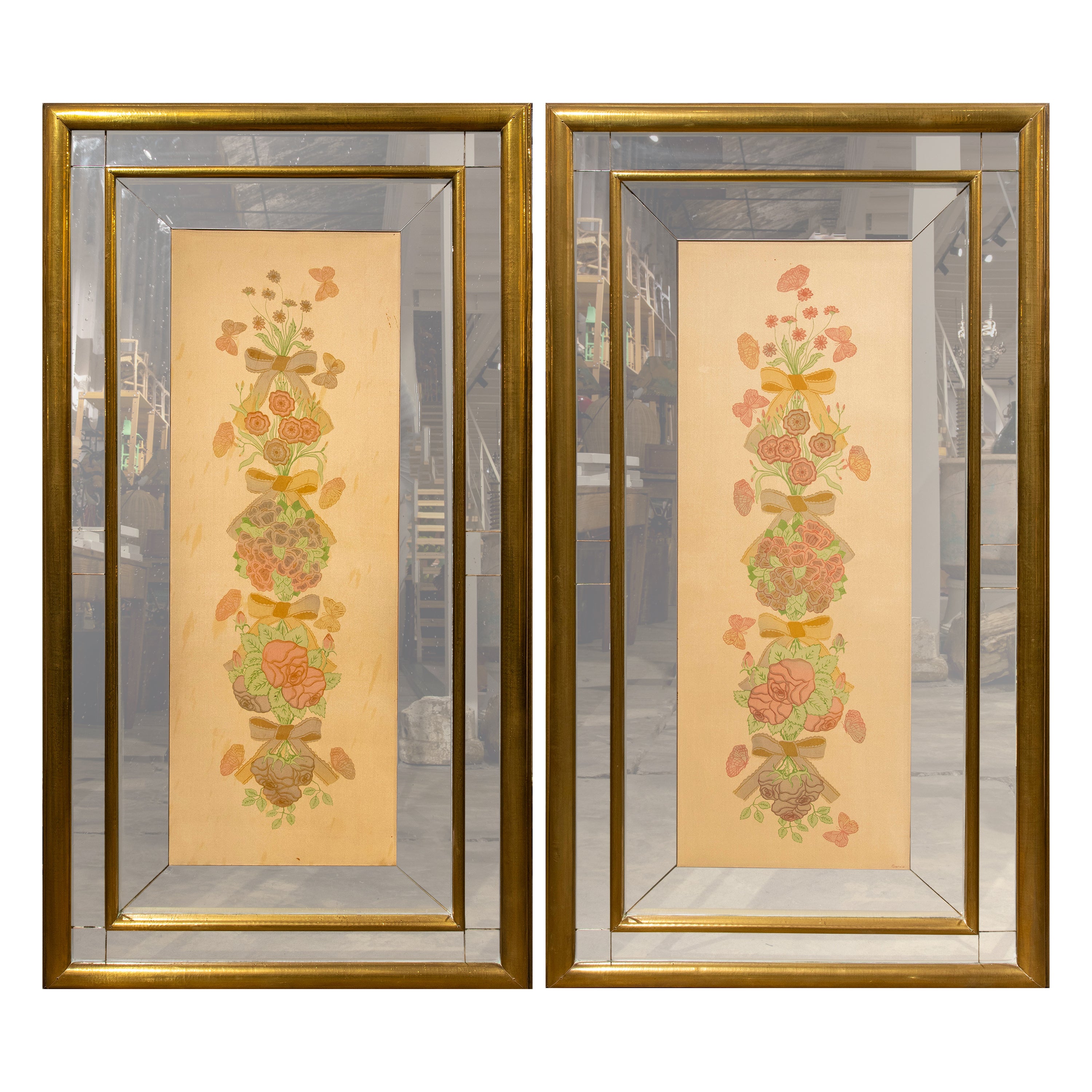 1970s, Pair of Hand-Painted Flower Paintings on Silk with Brass Plated Frames