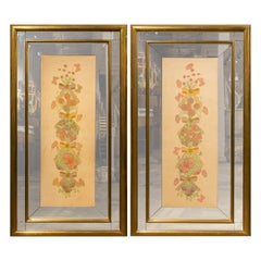 Retro 1970s, Pair of Hand-Painted Flower Paintings on Silk with Brass Plated Frames