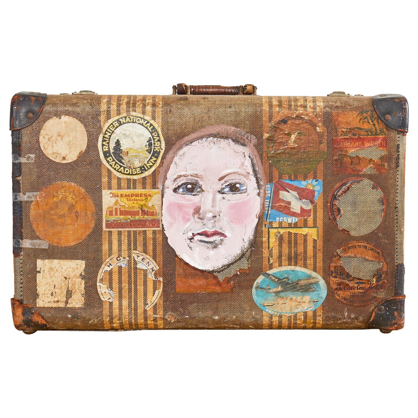 Folk Art Painted Face Suitcase by Artist Ira Yeager For Sale