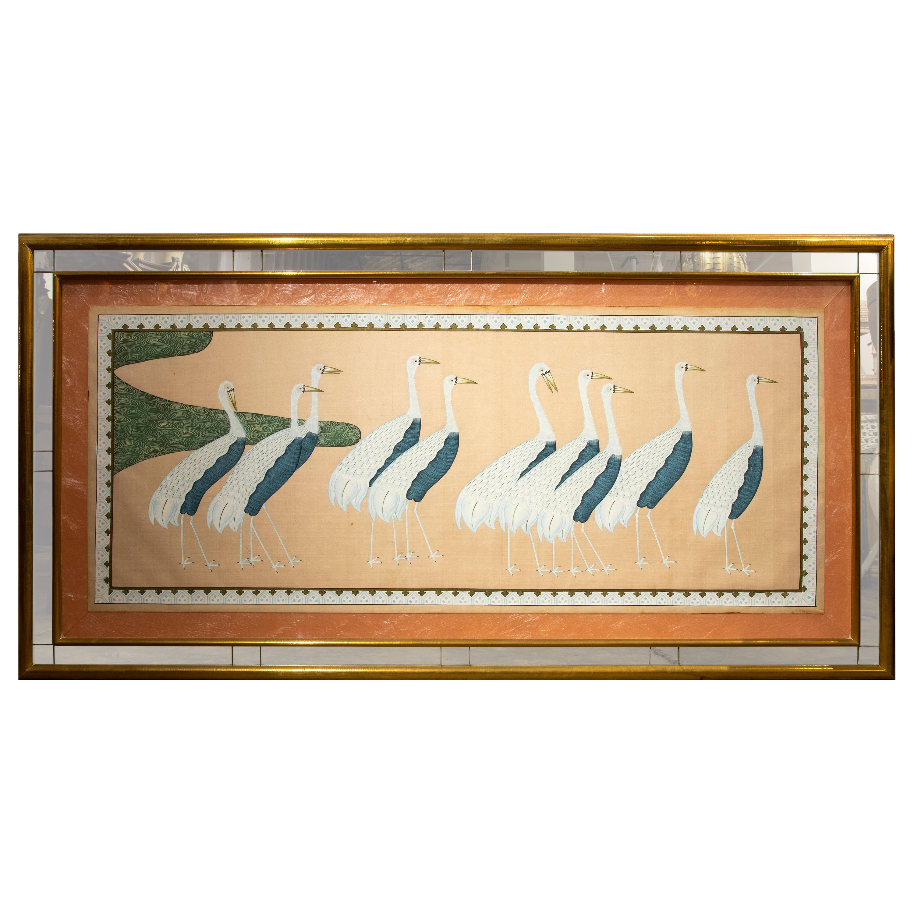 Peinture d'oiseau des années 1970 peinte à la main sur soie avec cadre en laiton 
