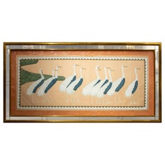 1970s Hand-Painted Bird Painting on Silk with Brass Plated Frame