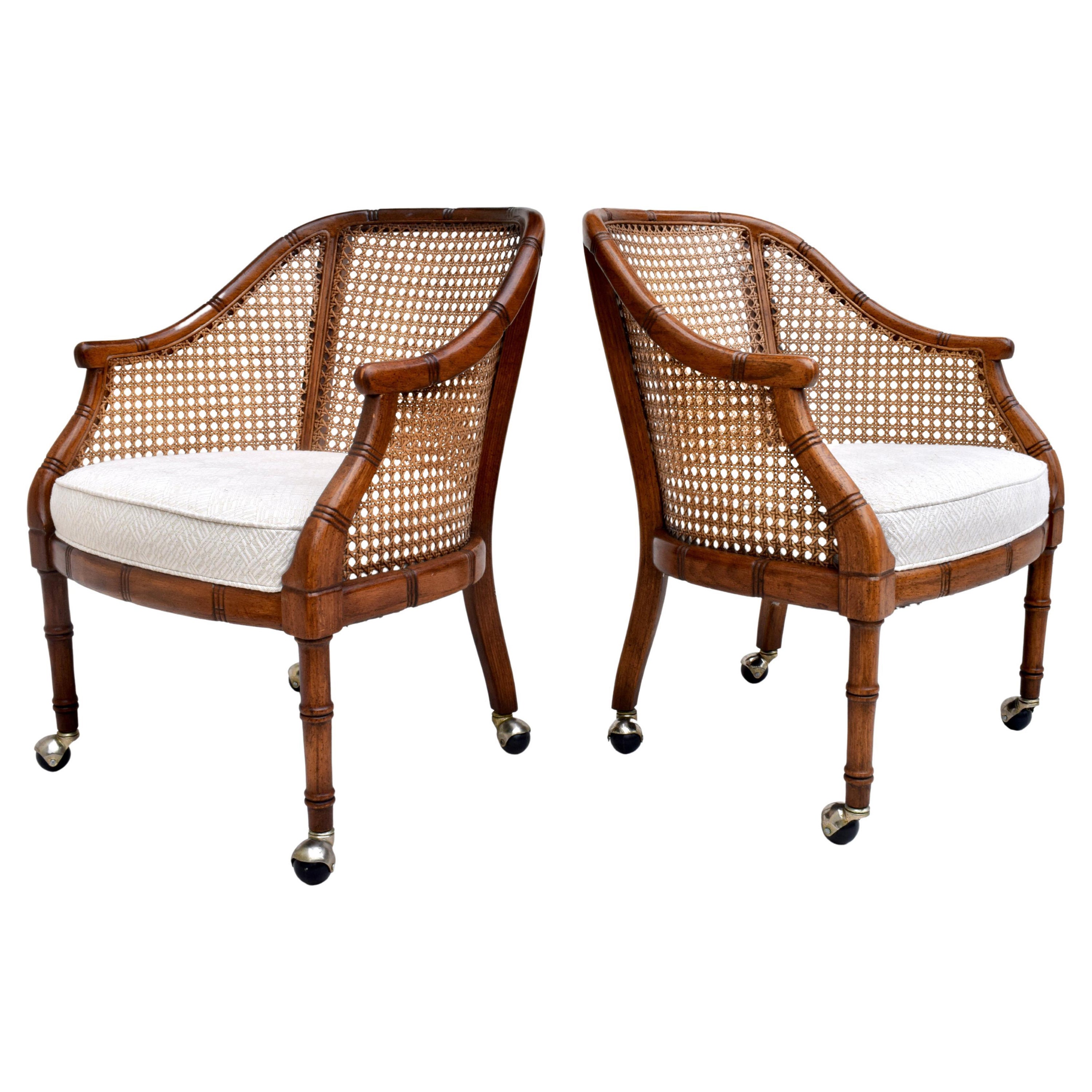 Pair of Caned Barrel Chairs on Casters