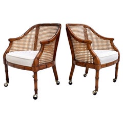 Pair of Caned Barrel Chairs on Casters