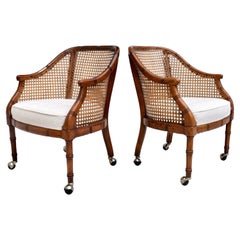 Retro Pair of Caned Barrel Chairs on Casters