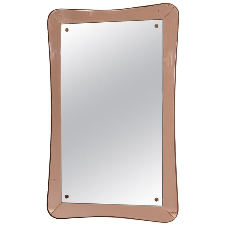 Italian MidCentury Modern Brass and Pink Glass Wall Mirror, 1950s For